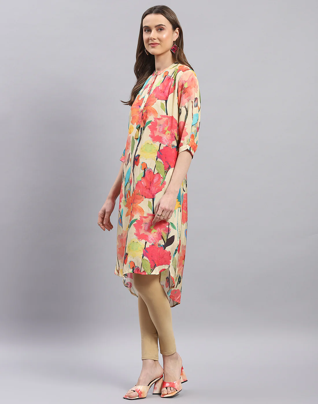 Women Beige Printed Mandarin Collar Half Sleeve Tunic - Image 4