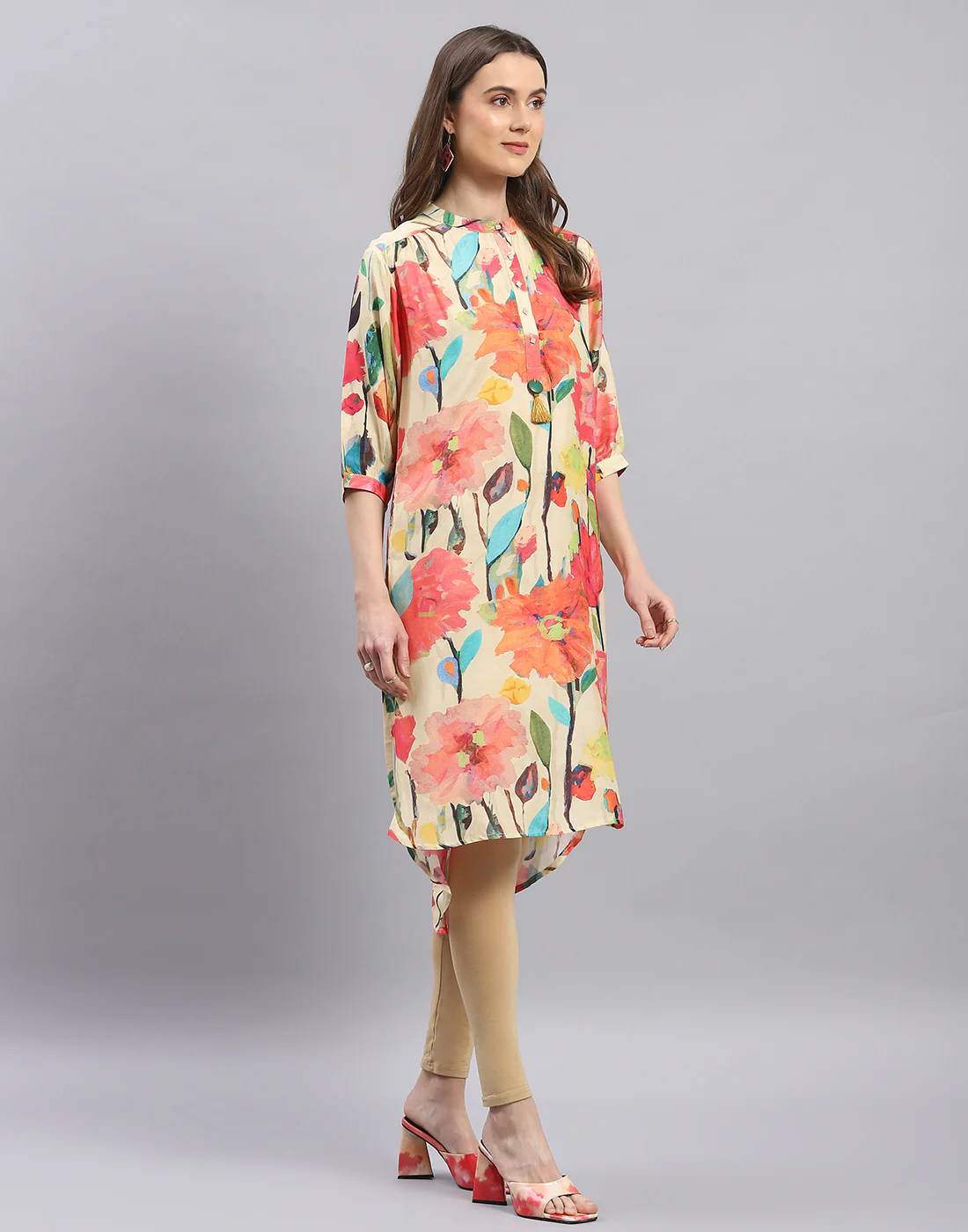 Women Beige Printed Mandarin Collar Half Sleeve Tunic - Image 5