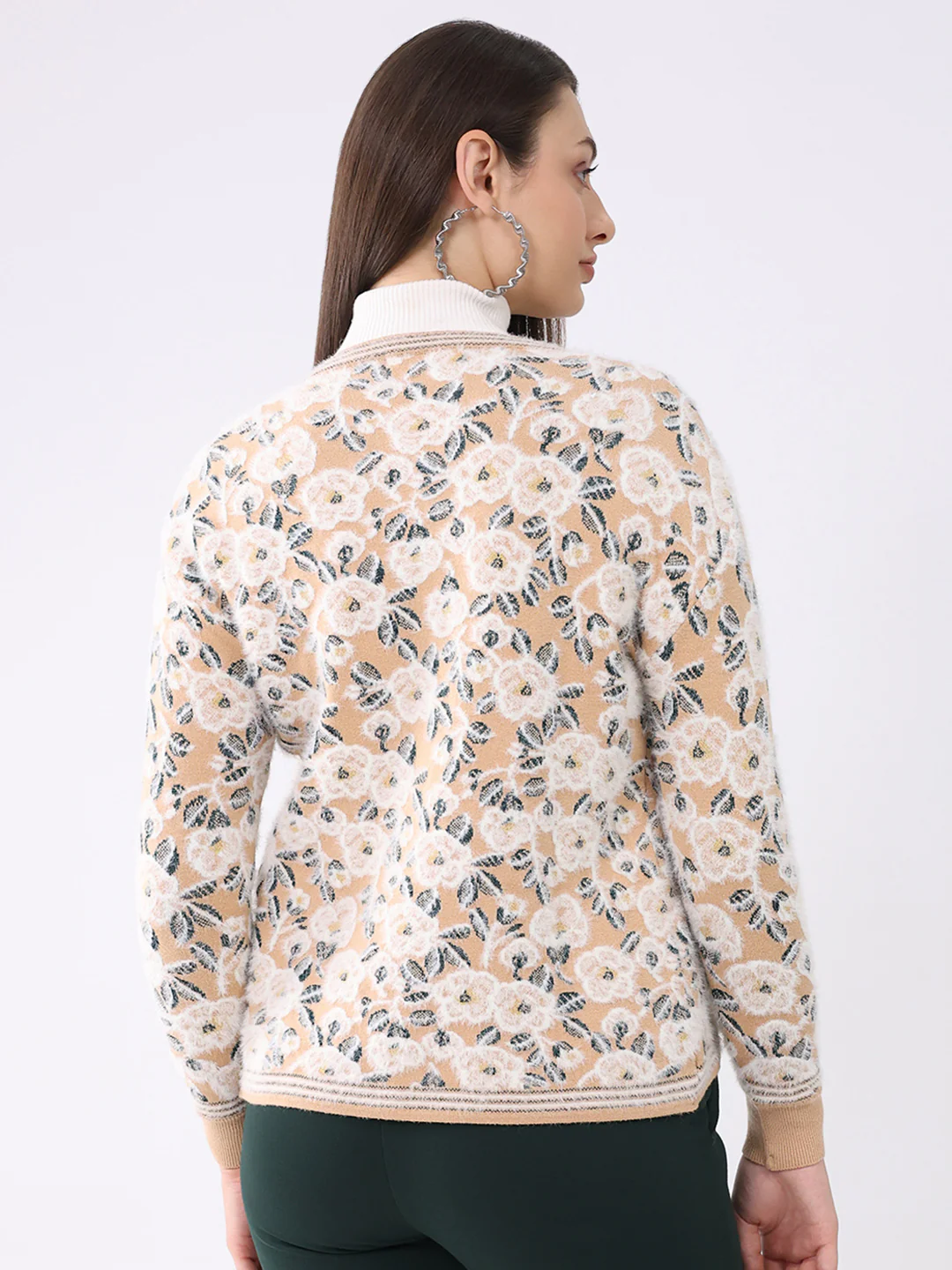 Women Beige Printed Round Neck Full Sleeve Cardigan - Image 5