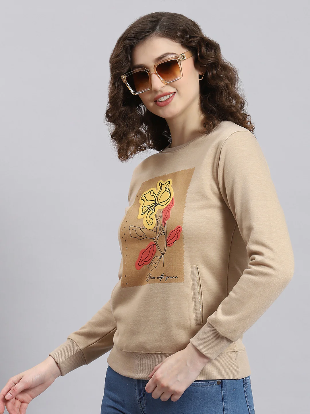 Women Beige Printed Round Neck Full Sleeve Sweatshirt - Image 3