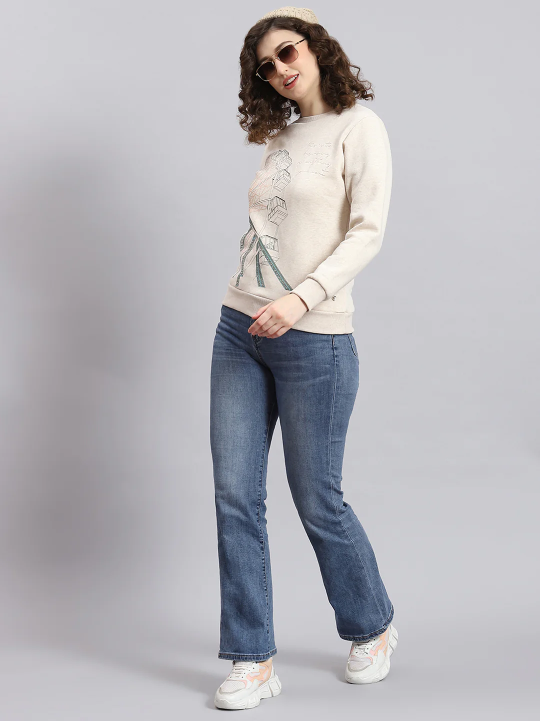 Women Beige Printed Round Neck Full Sleeve Sweatshirt - Image 2
