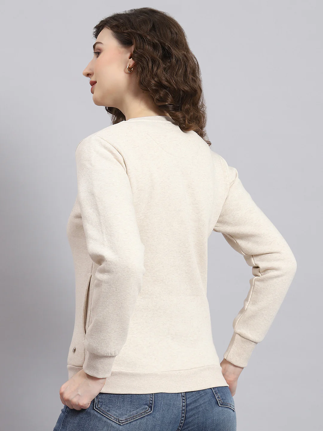 Women Beige Printed Round Neck Full Sleeve Sweatshirt - Image 5