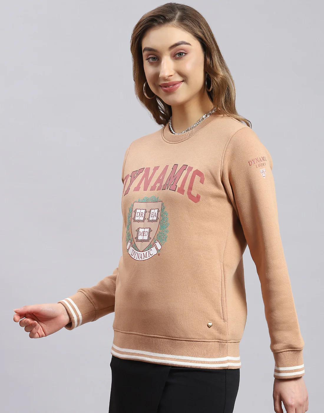 Women Beige Printed Round Neck Full Sleeve Sweatshirt - Image 4