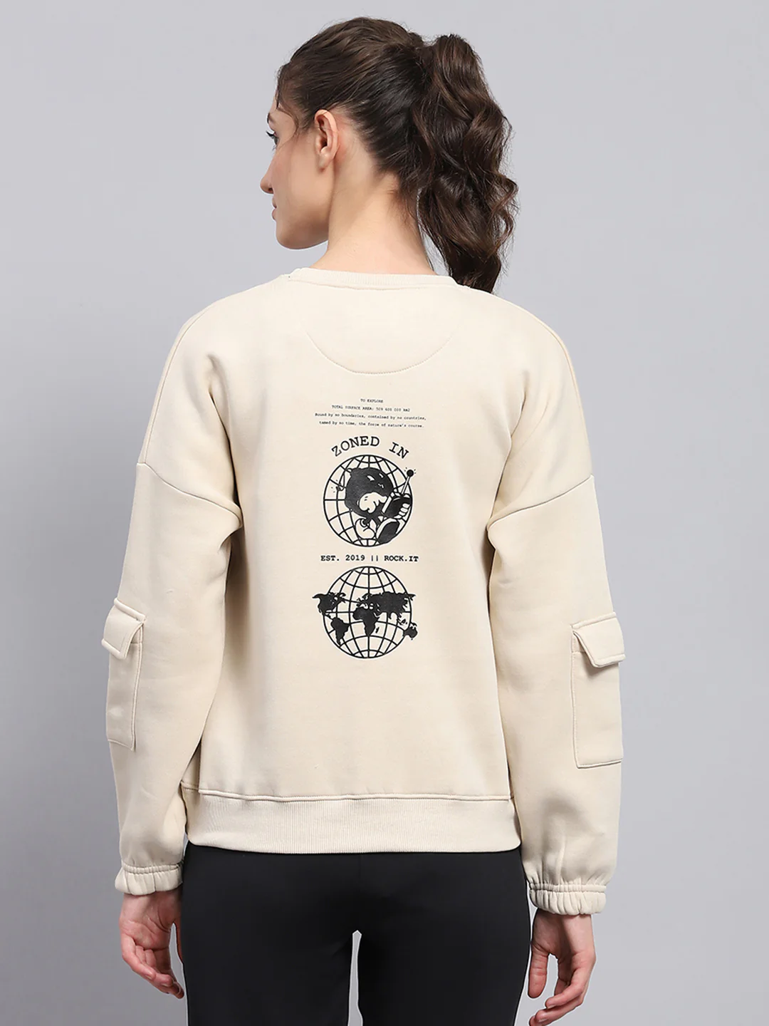 Rock.it Women Beige Printed Round Neck Full Sleeve Sweatshirt - Image 5