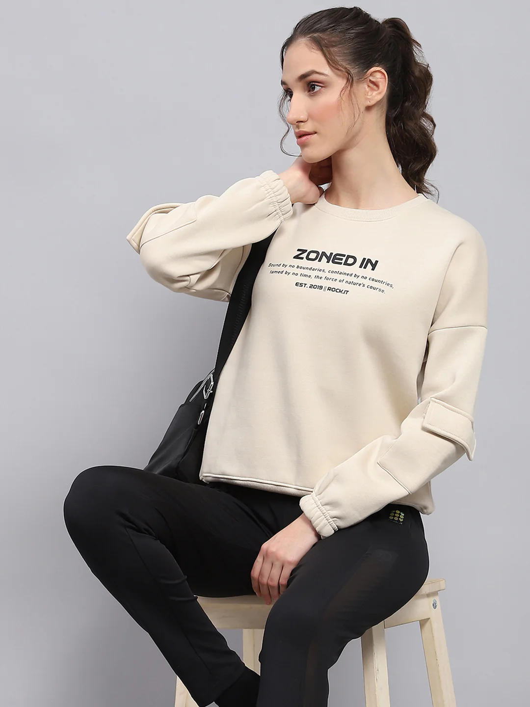 Rock.it Women Beige Printed Round Neck Full Sleeve Sweatshirt - Image 6