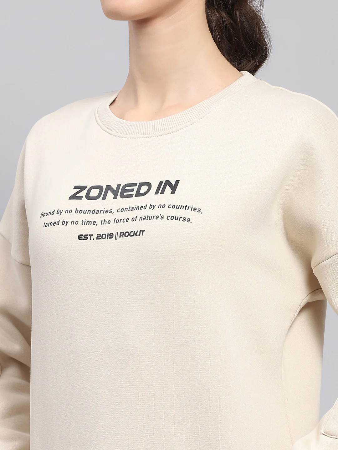 Rock.it Women Beige Printed Round Neck Full Sleeve Sweatshirt - Image 7