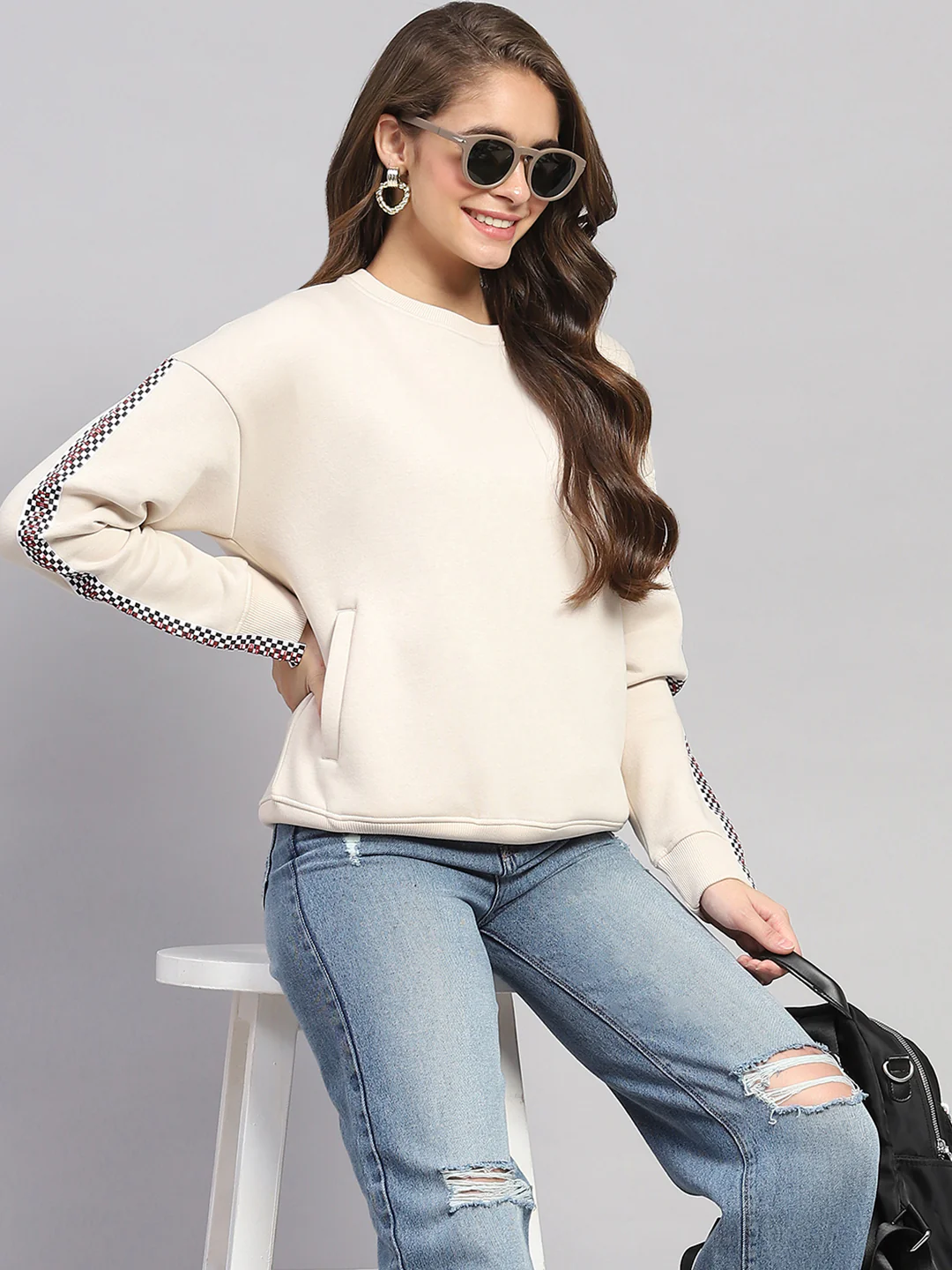 Rock.it Women Beige Printed Round Neck Full Sleeve Sweatshirt - Image 6