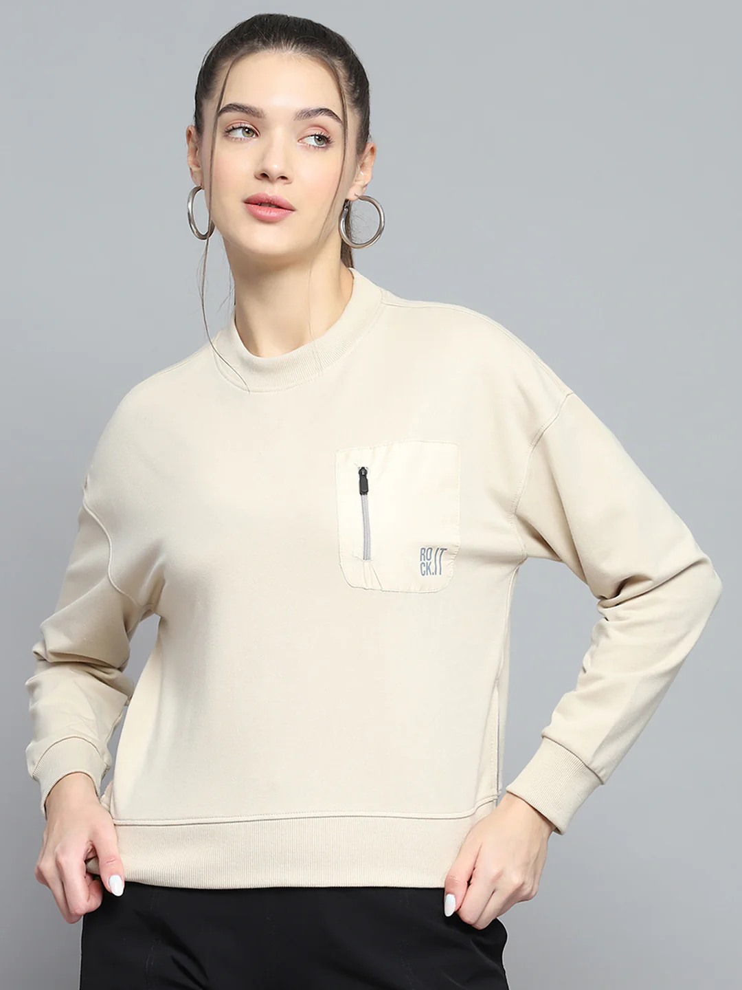 Rock.it Women Beige Printed Round Neck Full Sleeve Sweatshirt