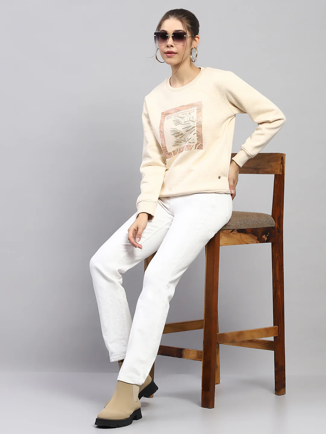 Women Beige Printed Round Neck Full Sleeve Sweatshirt - Image 2