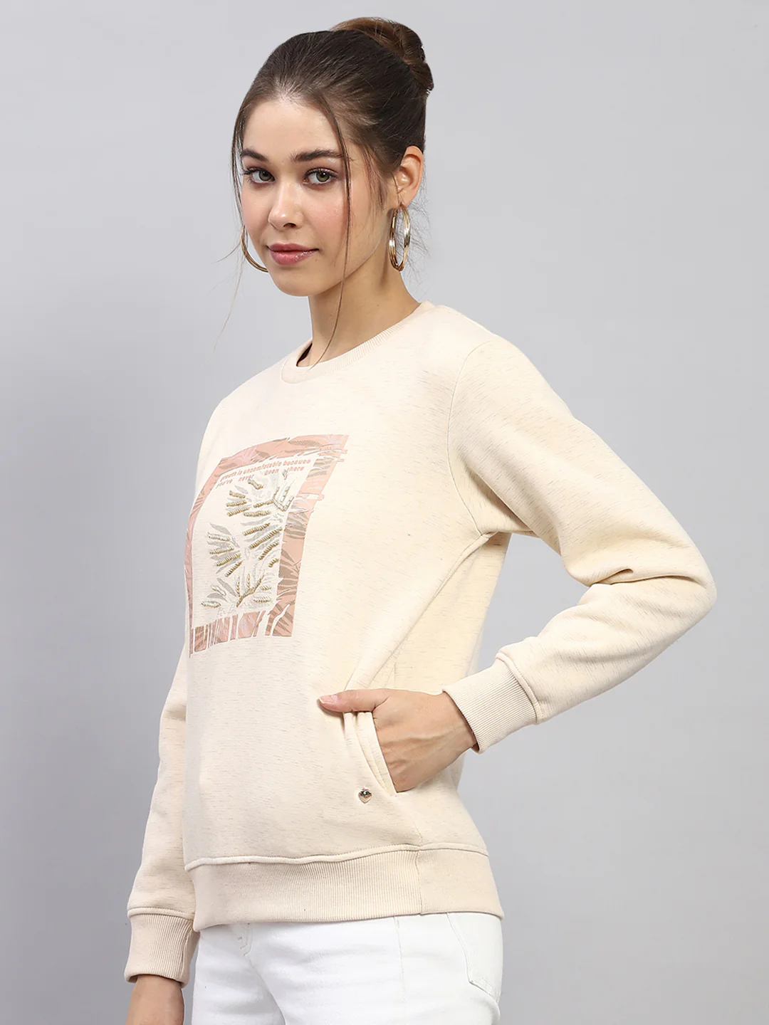 Women Beige Printed Round Neck Full Sleeve Sweatshirt - Image 3