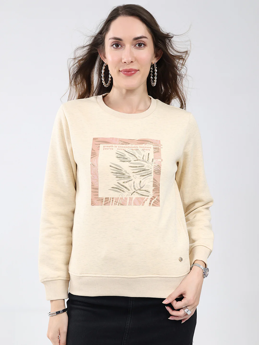 Women Beige Printed Round Neck Full Sleeve Sweatshirt