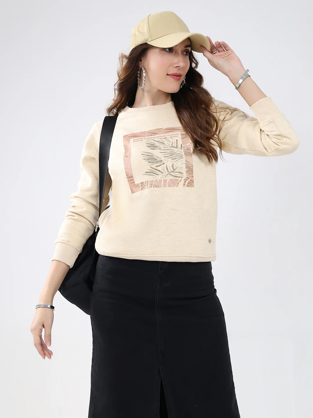 Women Beige Printed Round Neck Full Sleeve Sweatshirt - Image 6