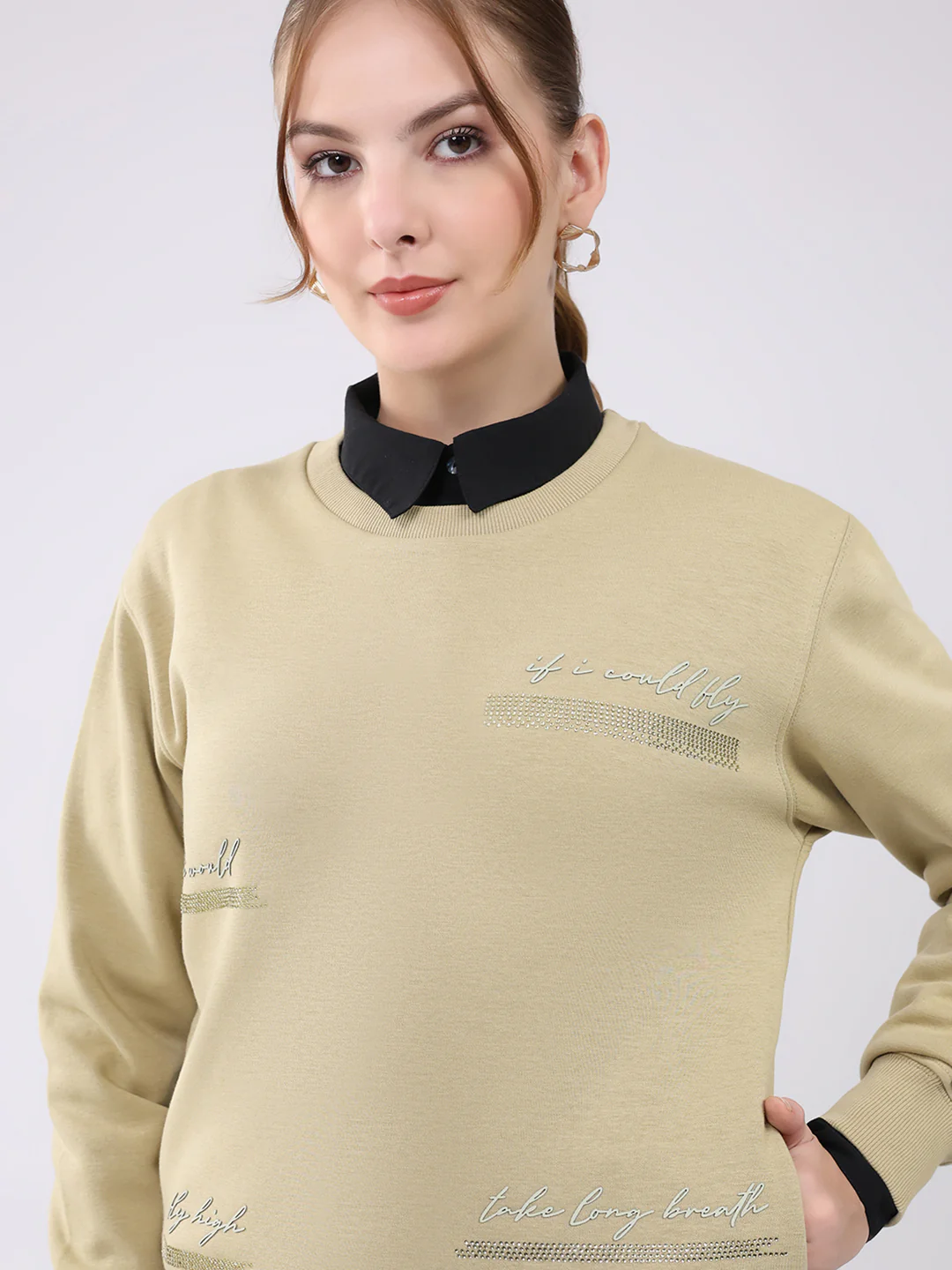 Women Beige Printed Round Neck Full Sleeve Sweatshirt - Image 6