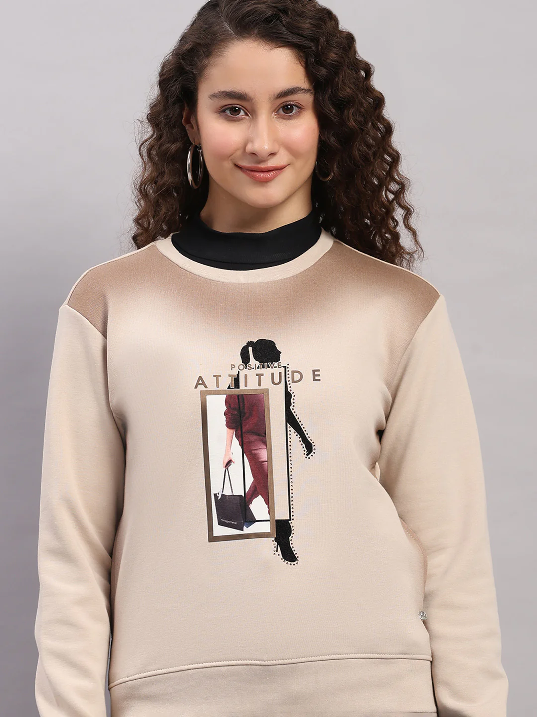 Women Beige Printed Round Neck Full Sleeve Sweatshirt - Image 6
