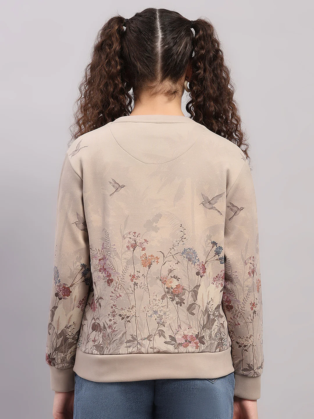 Women Beige Printed Round Neck Full Sleeve Sweatshirt - Image 5