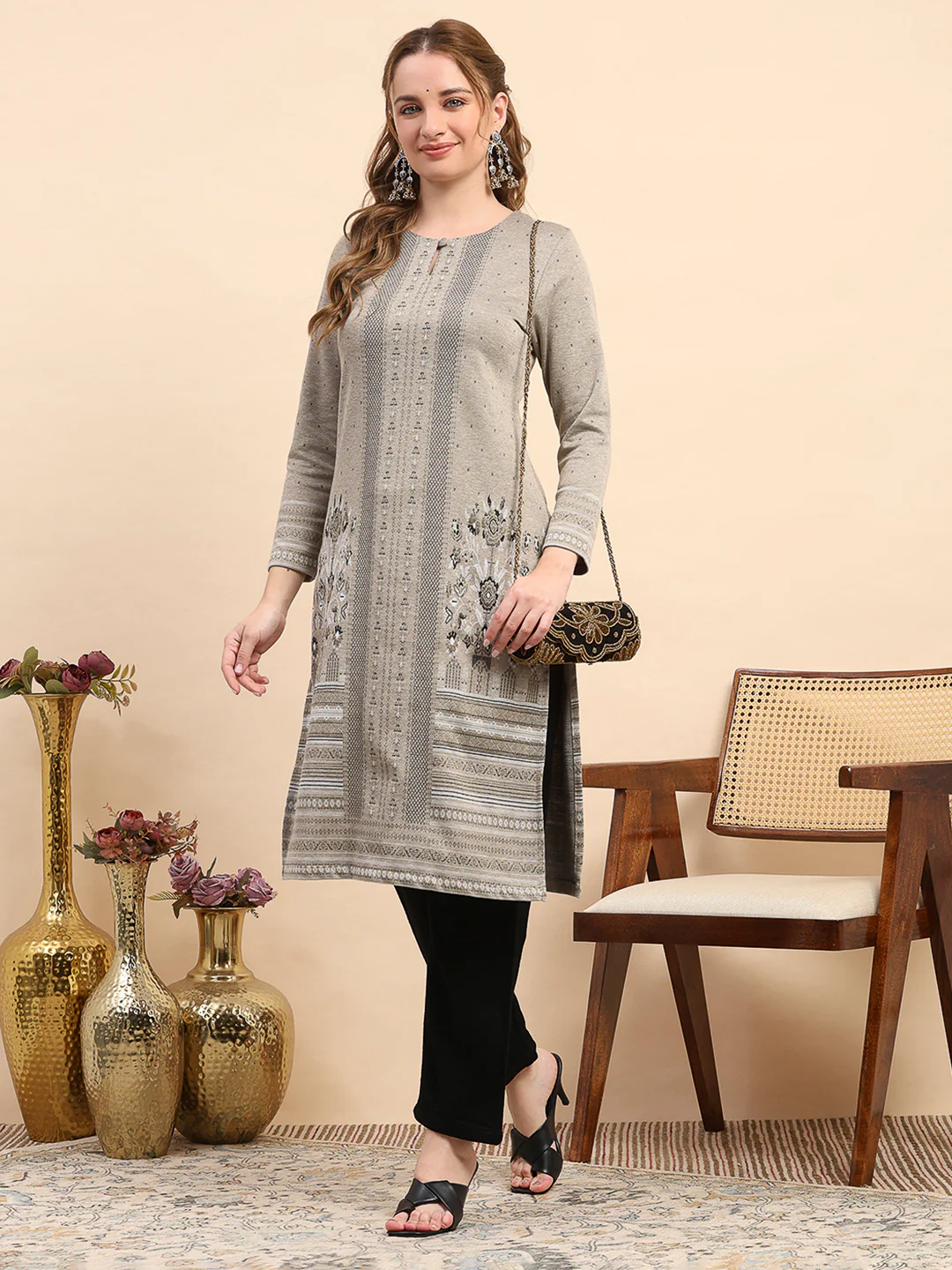 Women Beige Printed Round Neck Full Sleeve Winter Kurti - Image 2
