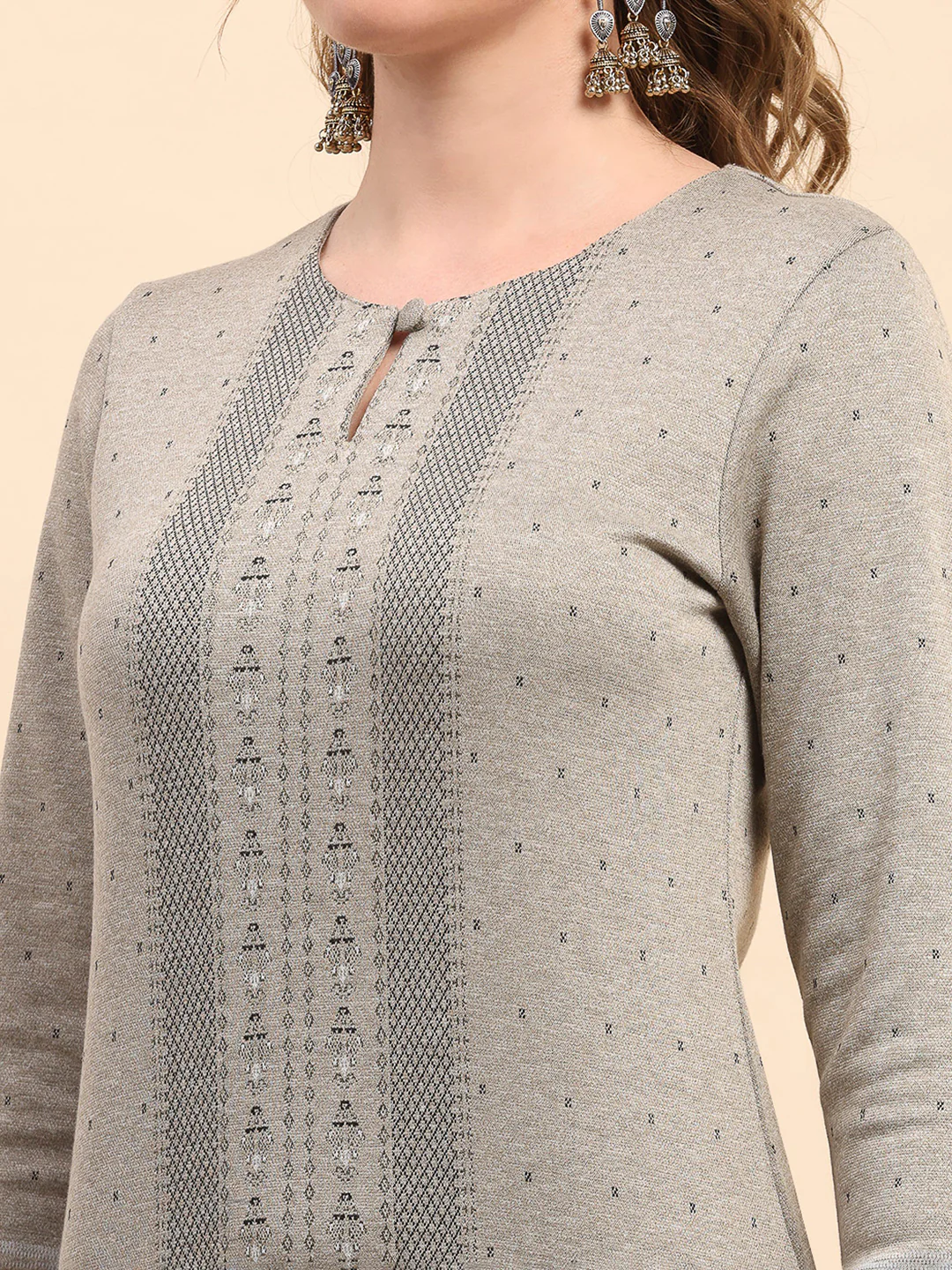 Women Beige Printed Round Neck Full Sleeve Winter Kurti - Image 6