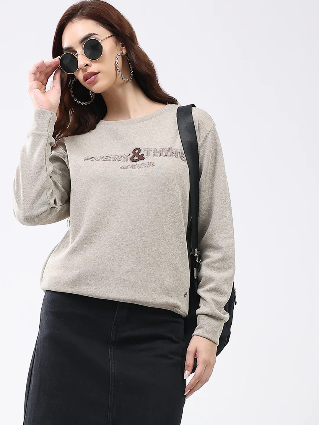 Women Beige Printed Round Neck Full Sleeve Winter Top - Image 6