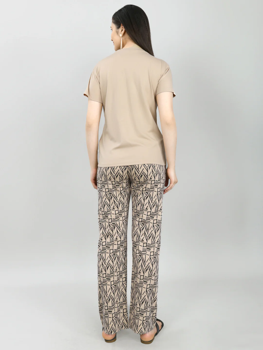 Women Beige Printed Round Neck Half Sleeve Combo 3 Pc Set (Top, Shorts & Lower) - Image 4