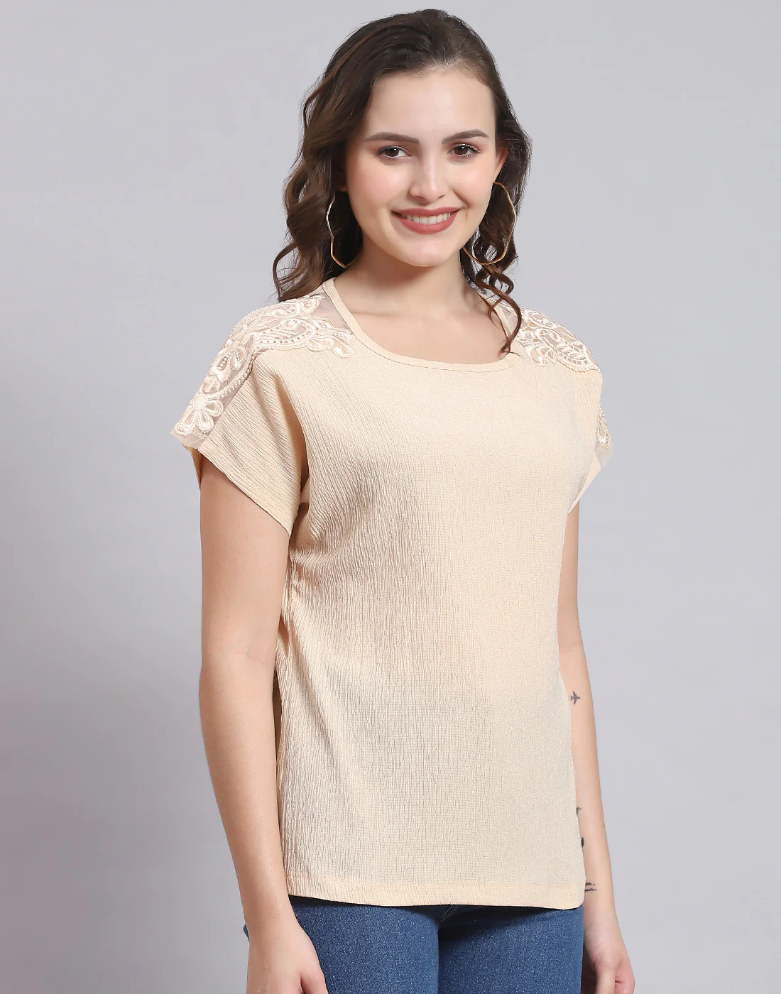 Women Beige Printed Round Neck Half Sleeve Top - Image 4