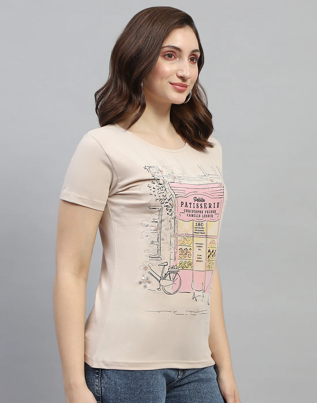 Women Beige Printed Round Neck Half Sleeve Top - Image 4