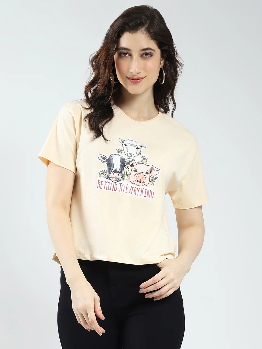 Women Beige Printed Round Neck Half Sleeve Top - Image 3