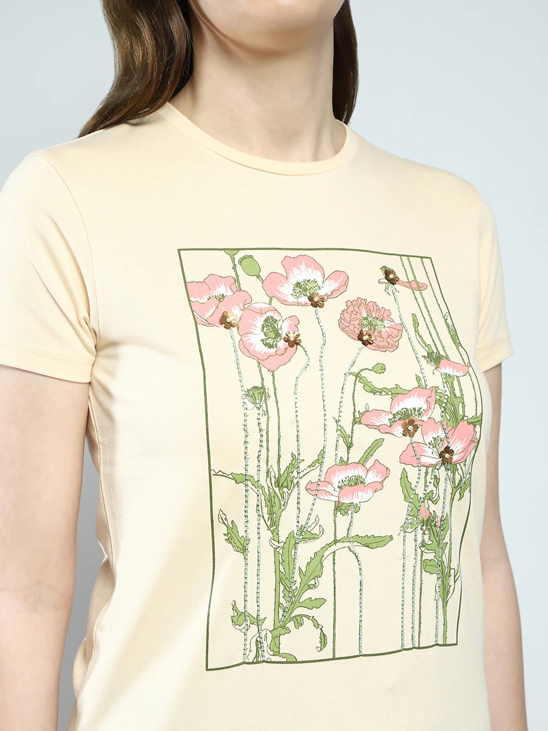 Women Beige Printed Round Neck Half Sleeve Top - Image 7