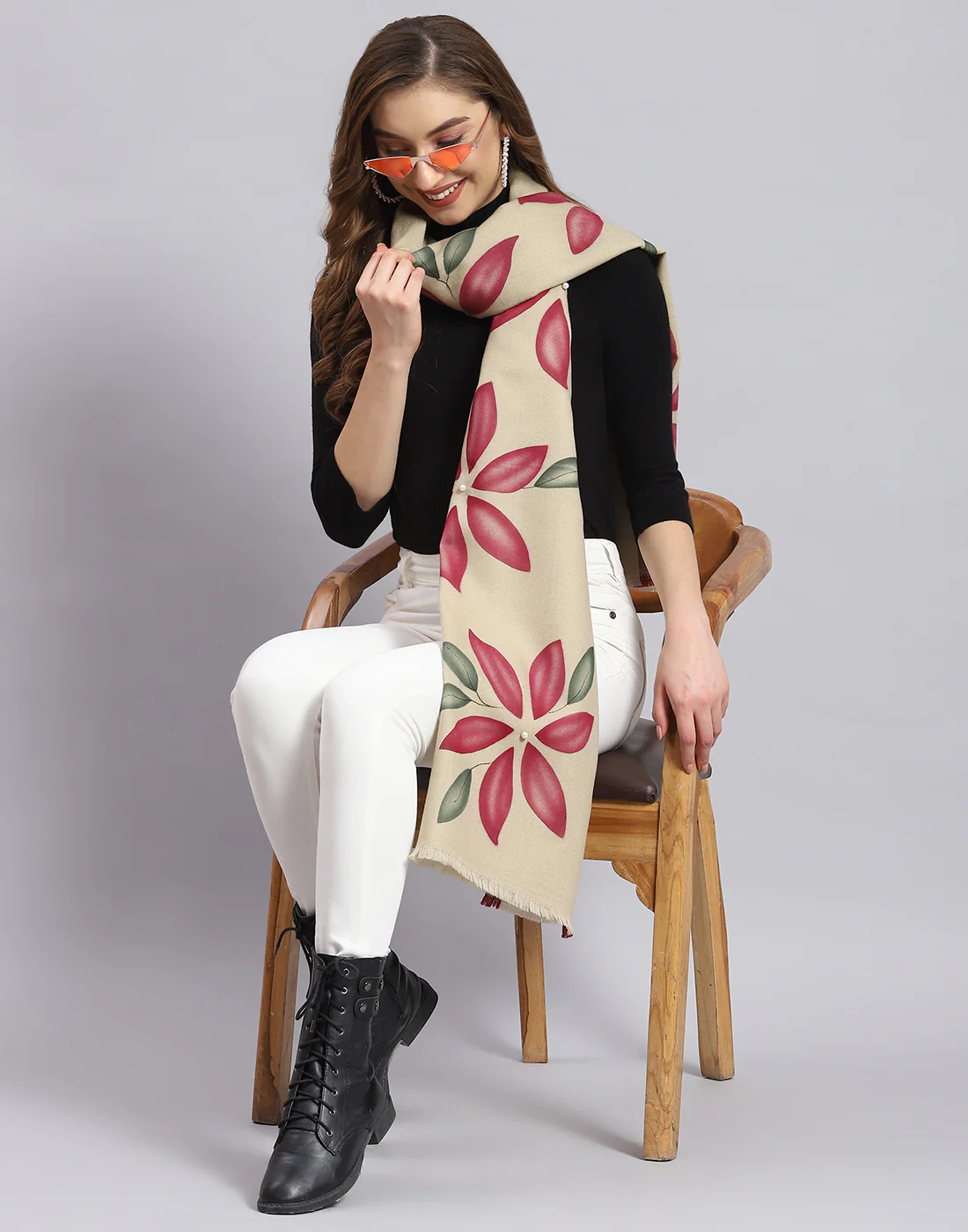 Women Beige Printed Stole - Image 2