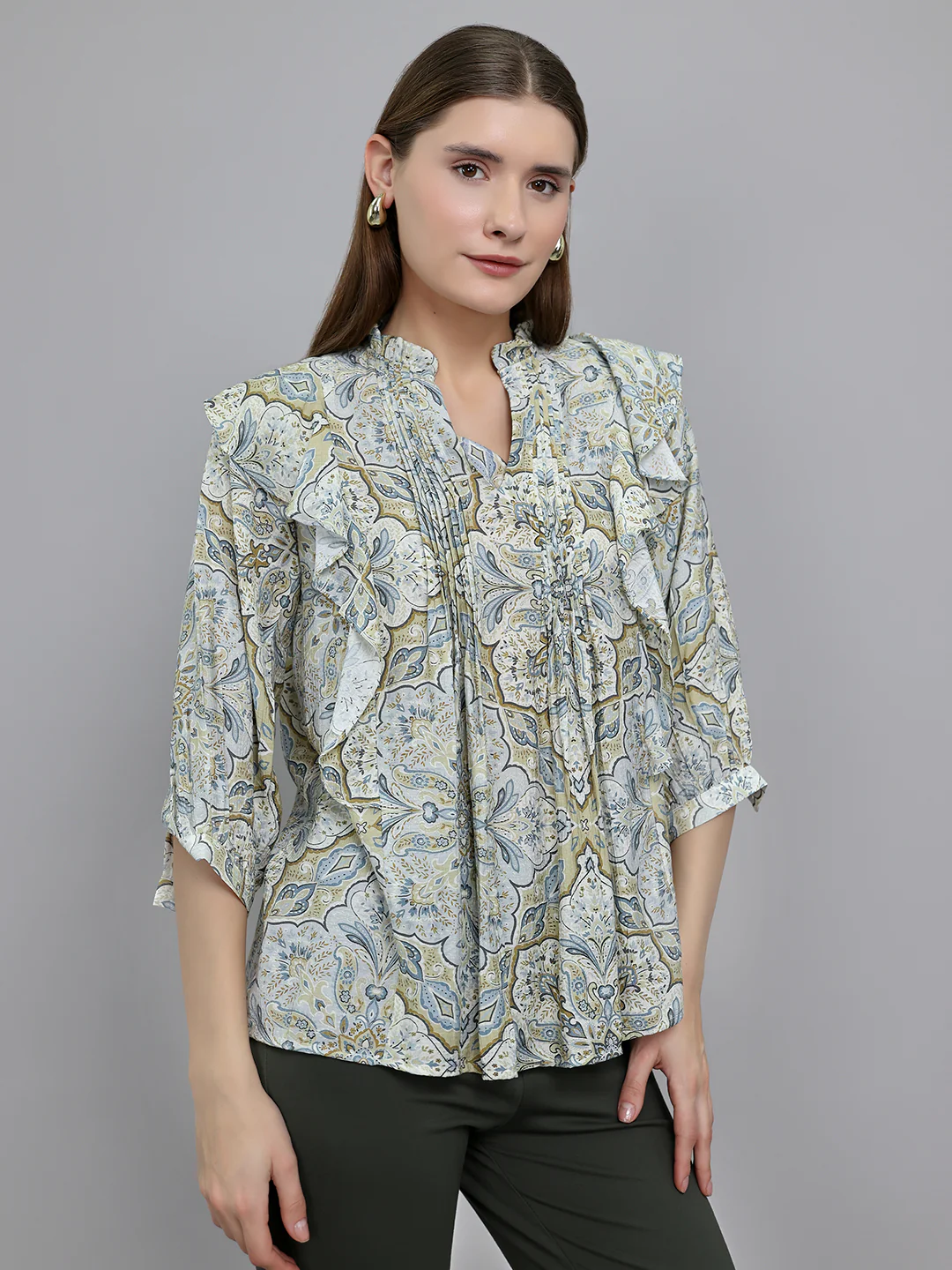 Women Beige Printed V Neck 3/4th Sleeve Top - Image 3