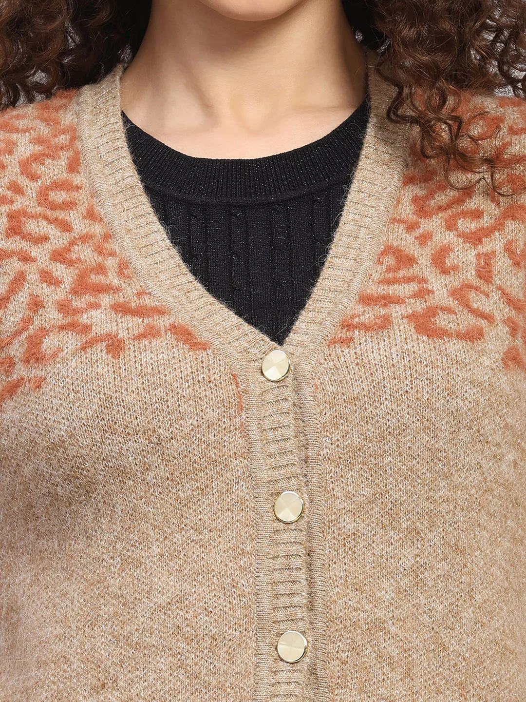 Women Beige Printed V Neck Full Sleeve Cardigan - Image 7
