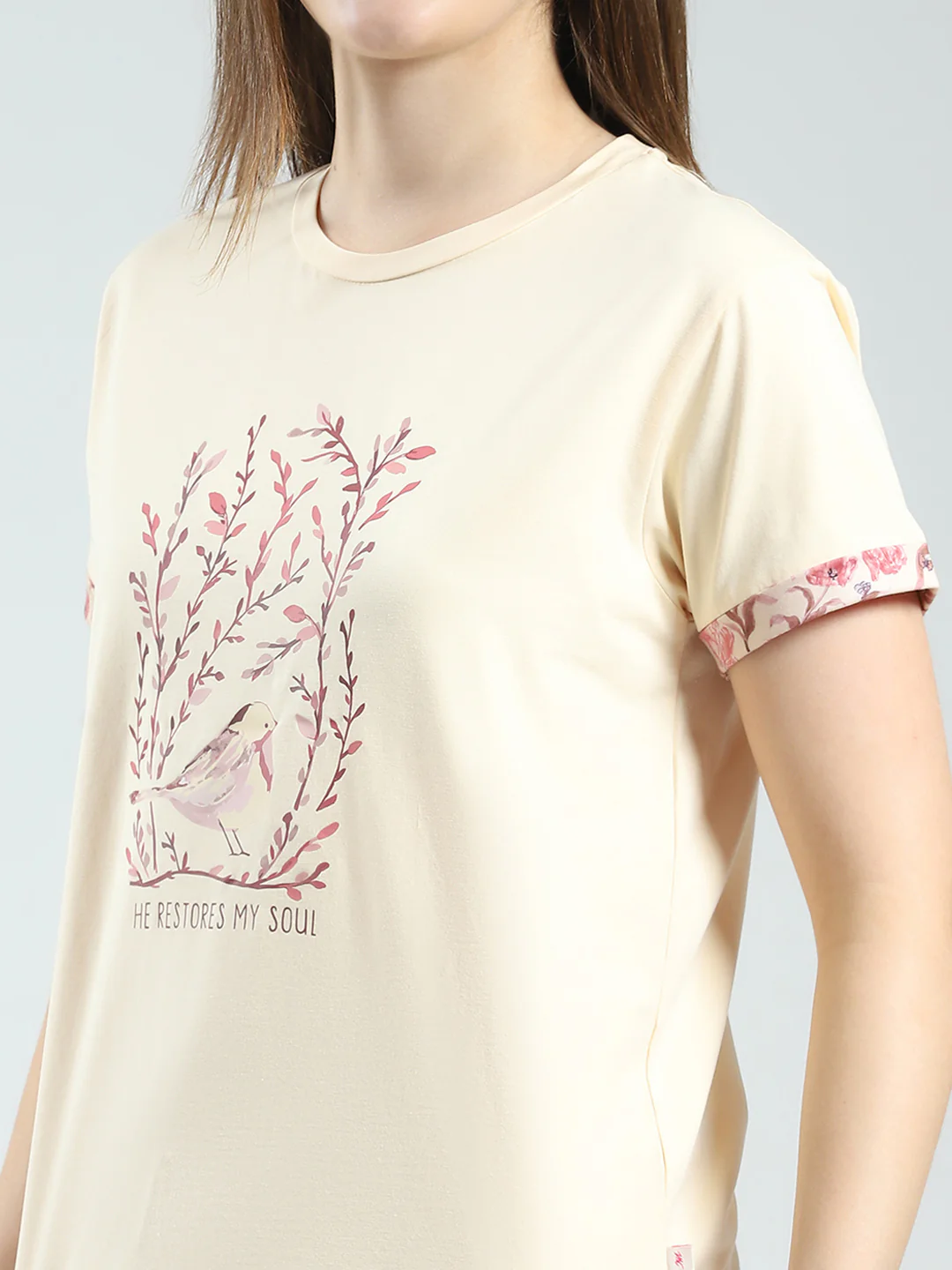 Women Beige Printed Round Neck Half Sleeve Combo 3Pc Set (T-Shirt, Shorts & Lower) - Image 11