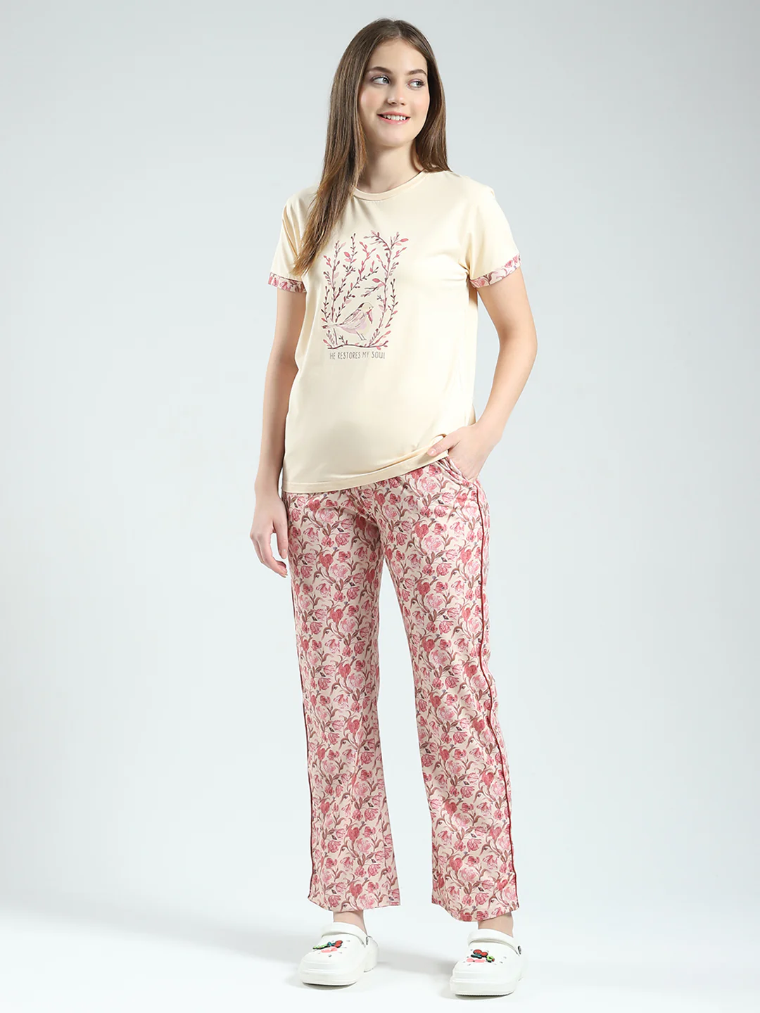 Women Beige Printed Round Neck Half Sleeve Combo 3Pc Set (T-Shirt, Shorts & Lower) - Image 3