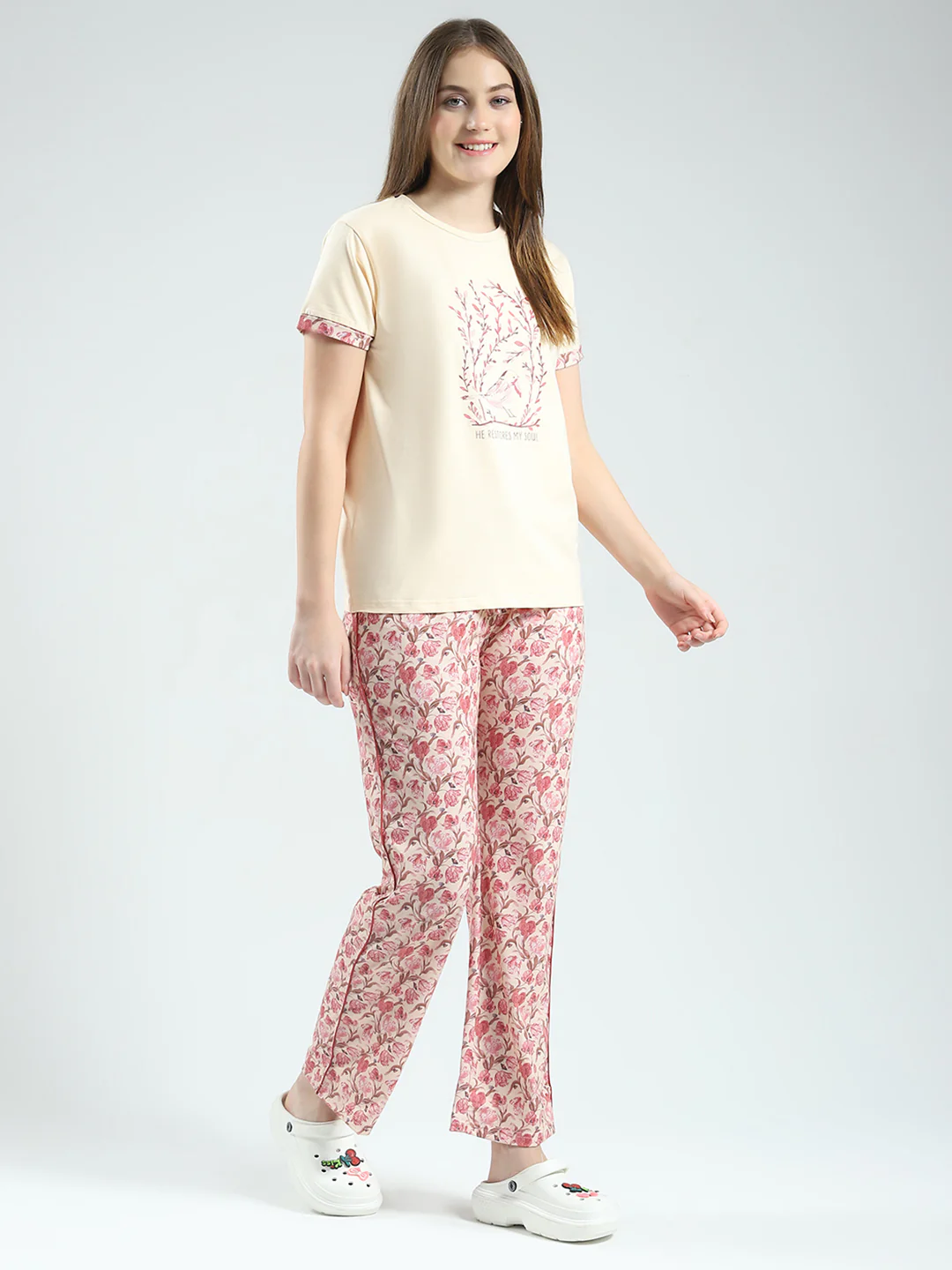 Women Beige Printed Round Neck Half Sleeve Combo 3Pc Set (T-Shirt, Shorts & Lower) - Image 5
