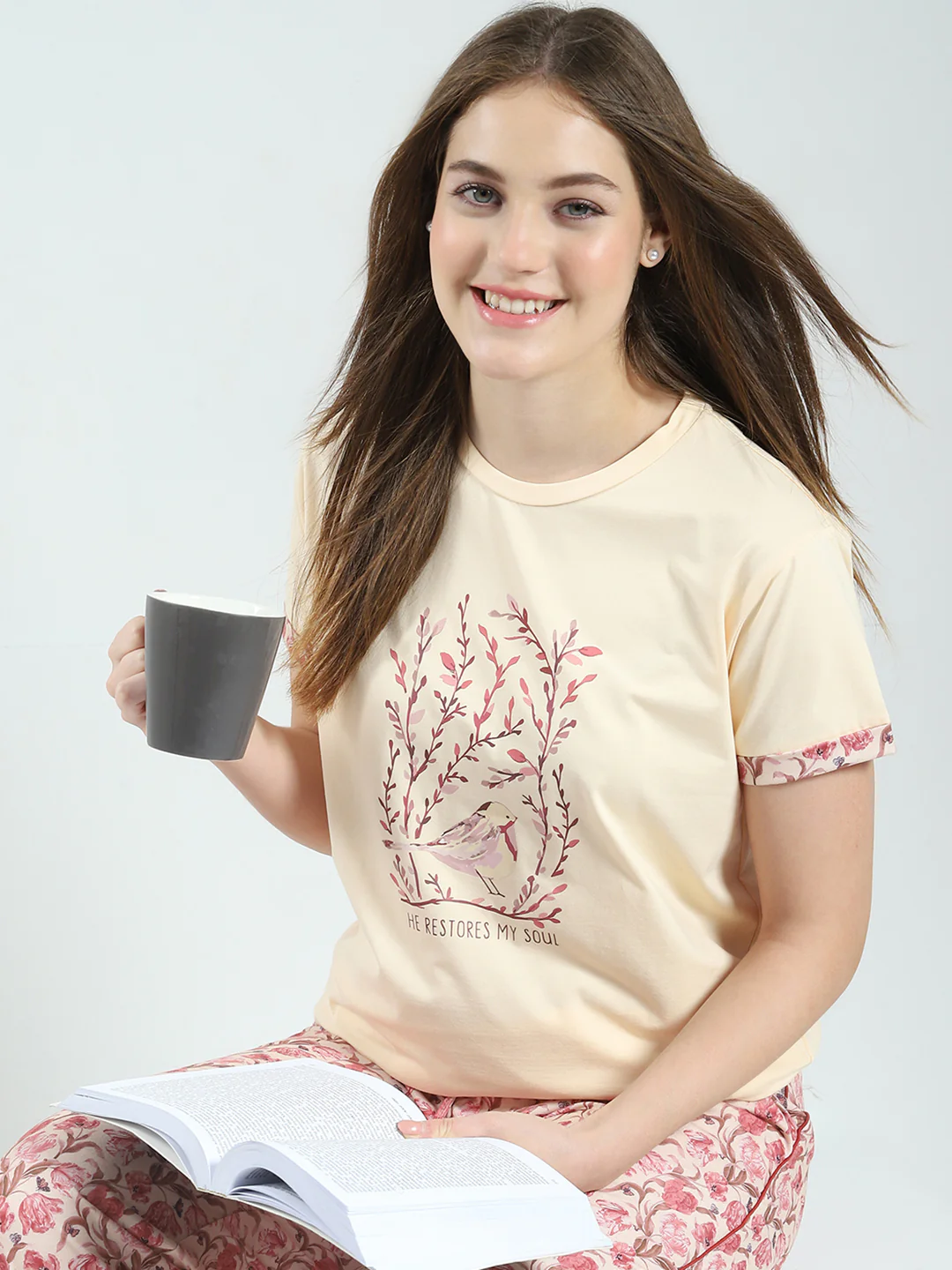 Women Beige Printed Round Neck Half Sleeve Combo 3Pc Set (T-Shirt, Shorts & Lower) - Image 6