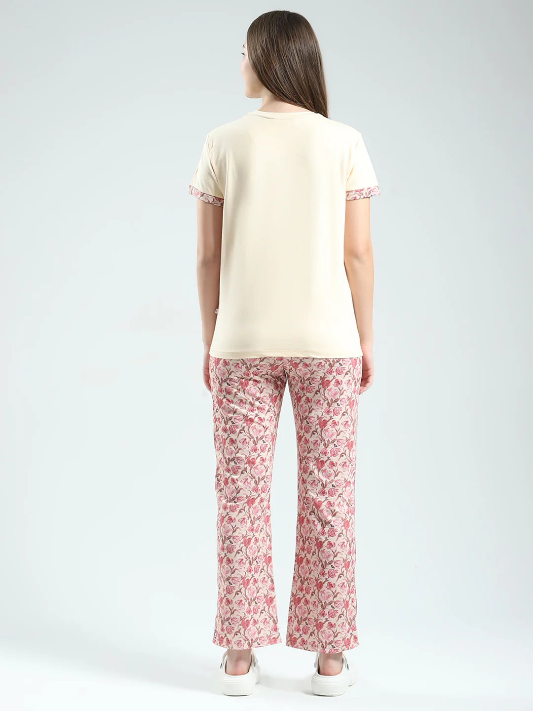 Women Beige Printed Round Neck Half Sleeve Combo 3Pc Set (T-Shirt, Shorts & Lower) - Image 7