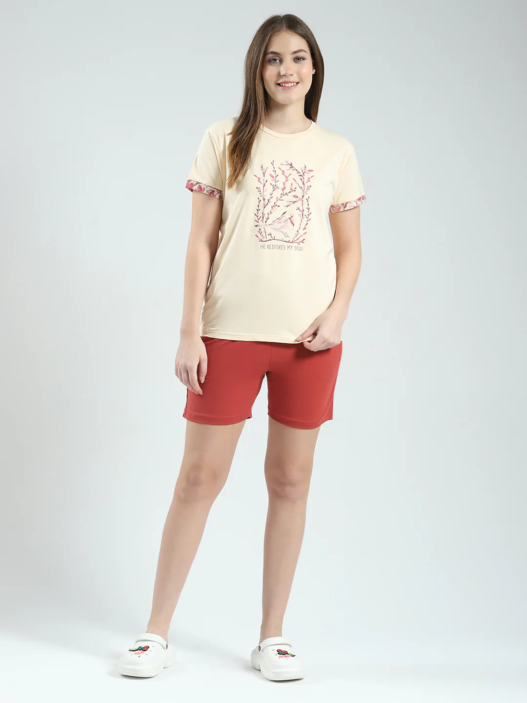 Women Beige Printed Round Neck Half Sleeve Combo 3Pc Set (T-Shirt, Shorts & Lower) - Image 8