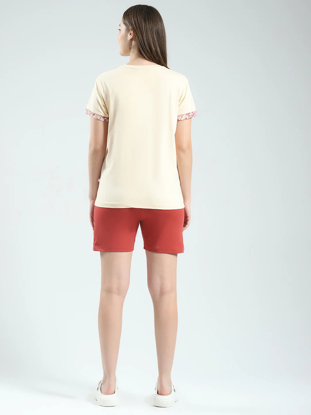 Women Beige Printed Round Neck Half Sleeve Combo 3Pc Set (T-Shirt, Shorts & Lower) - Image 9
