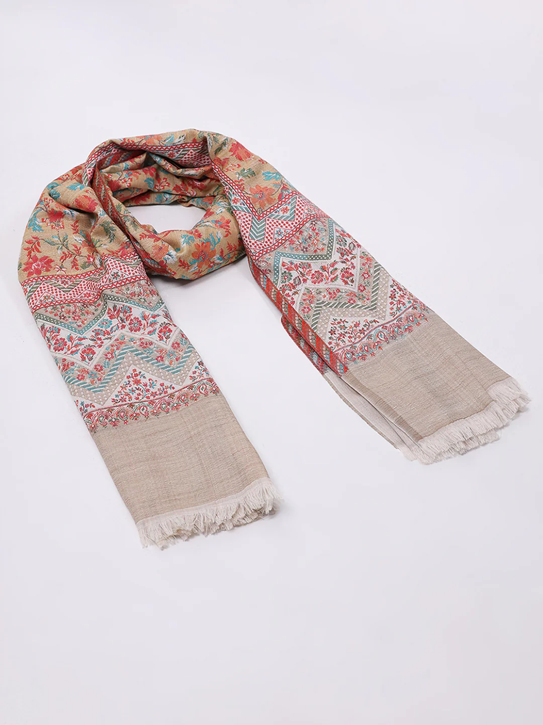 Women Beige Printed Wool Blend Shawl - Image 2