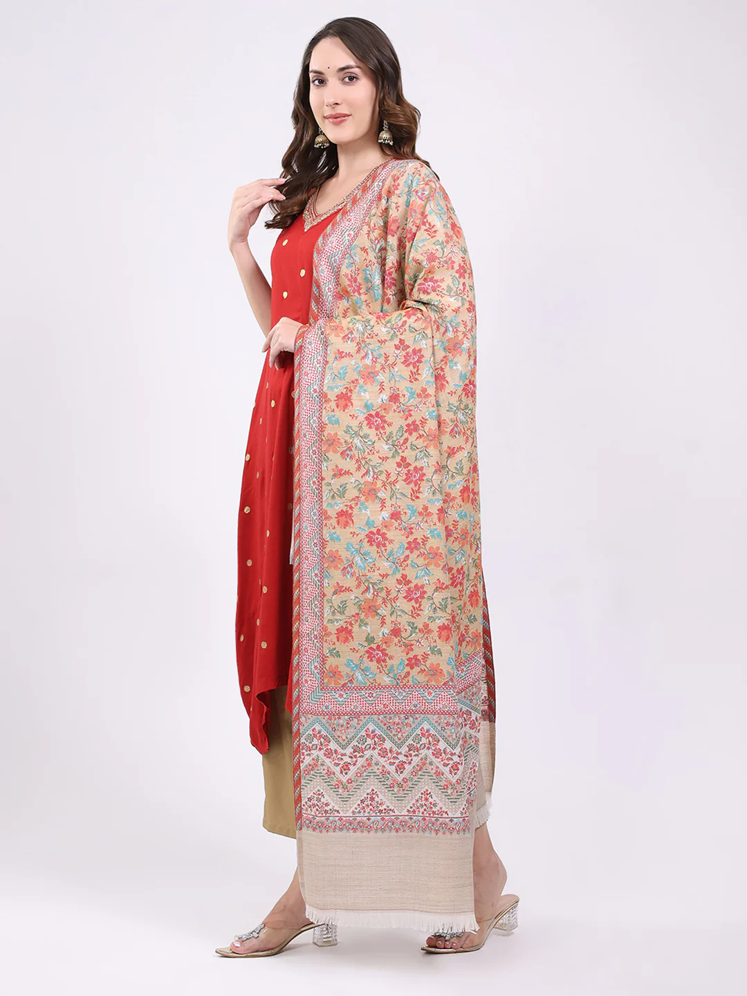 Women Beige Printed Wool Blend Shawl - Image 3