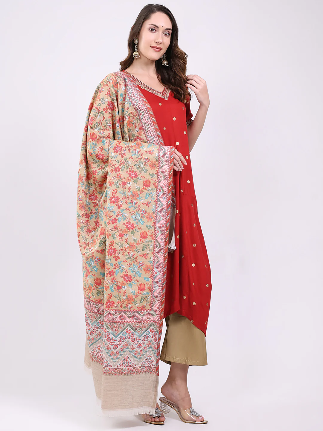Women Beige Printed Wool Blend Shawl - Image 4