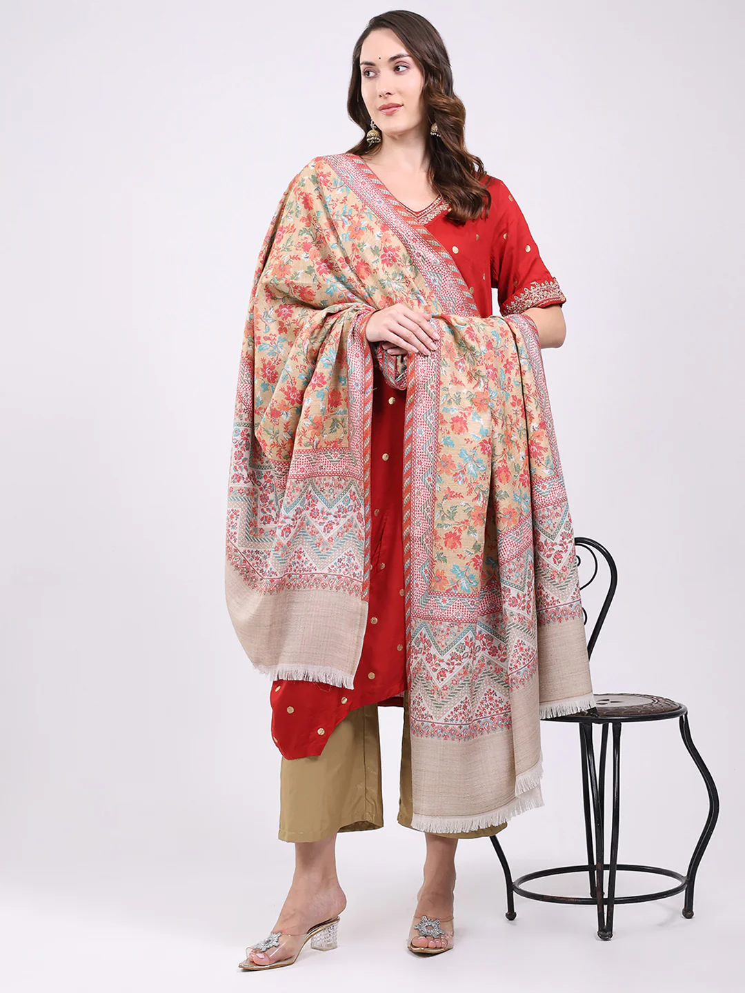 Women Beige Printed Wool Blend Shawl - Image 5