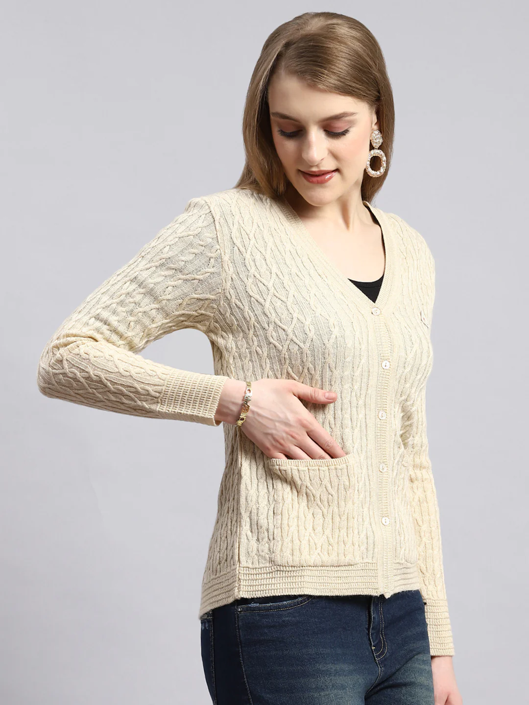 Women Beige Self Cardigan - Image 2