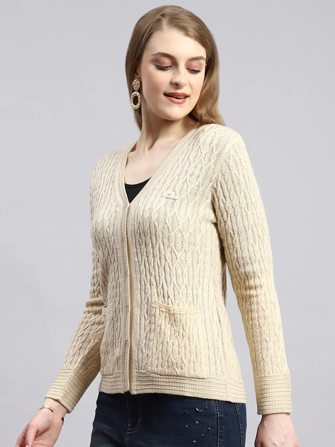 Women Beige Self Cardigan - Image 3