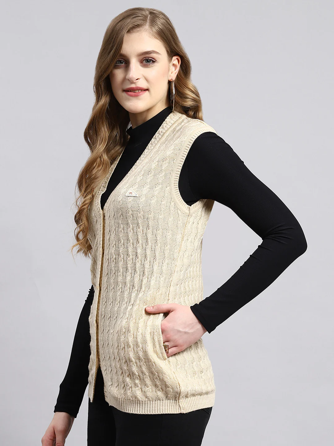 Women Beige Self Cardigan - Image 3