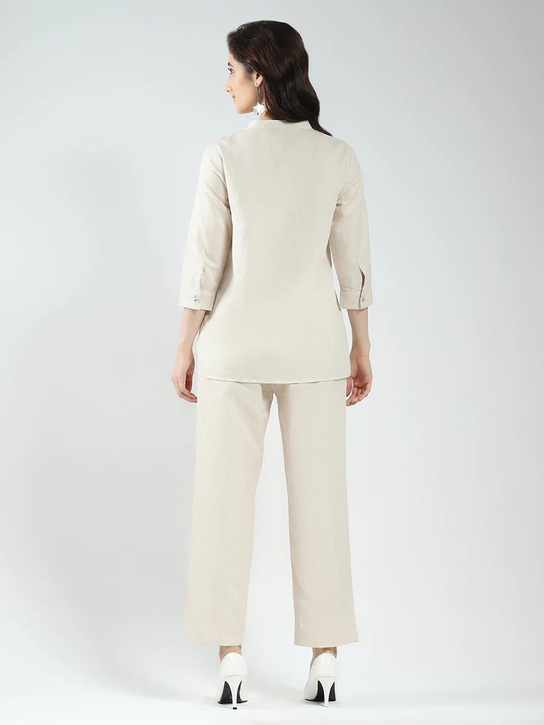 Women Beige Self Design Band Neck 3/4th Sleeve Cords Set - Image 6