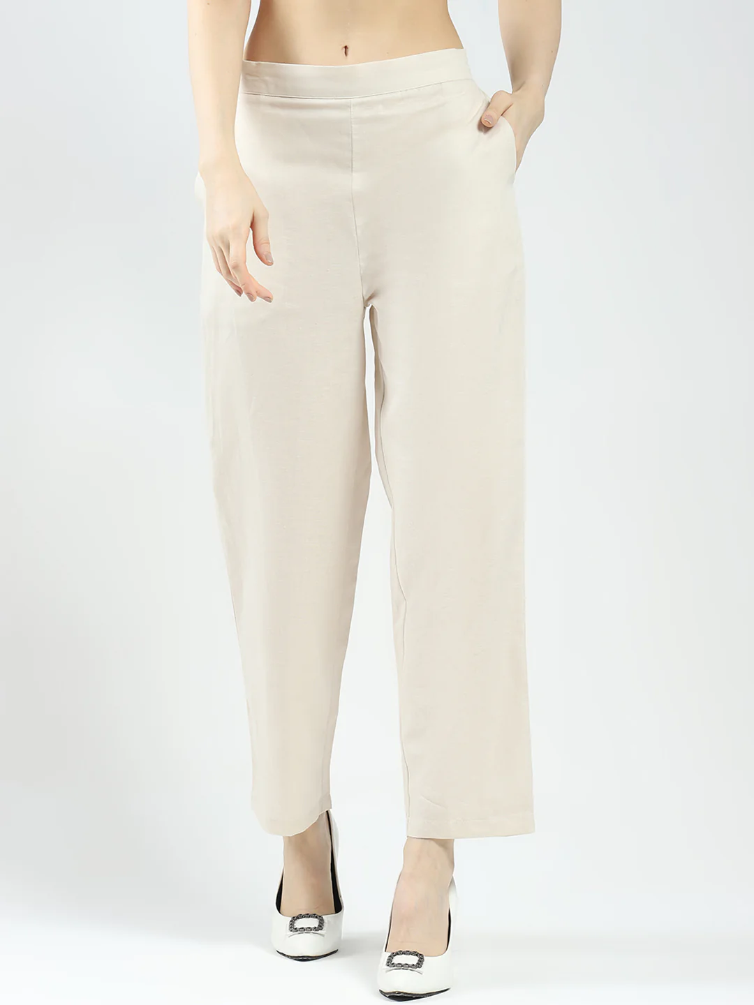 Women Beige Self Design Band Neck 3/4th Sleeve Cords Set - Image 7