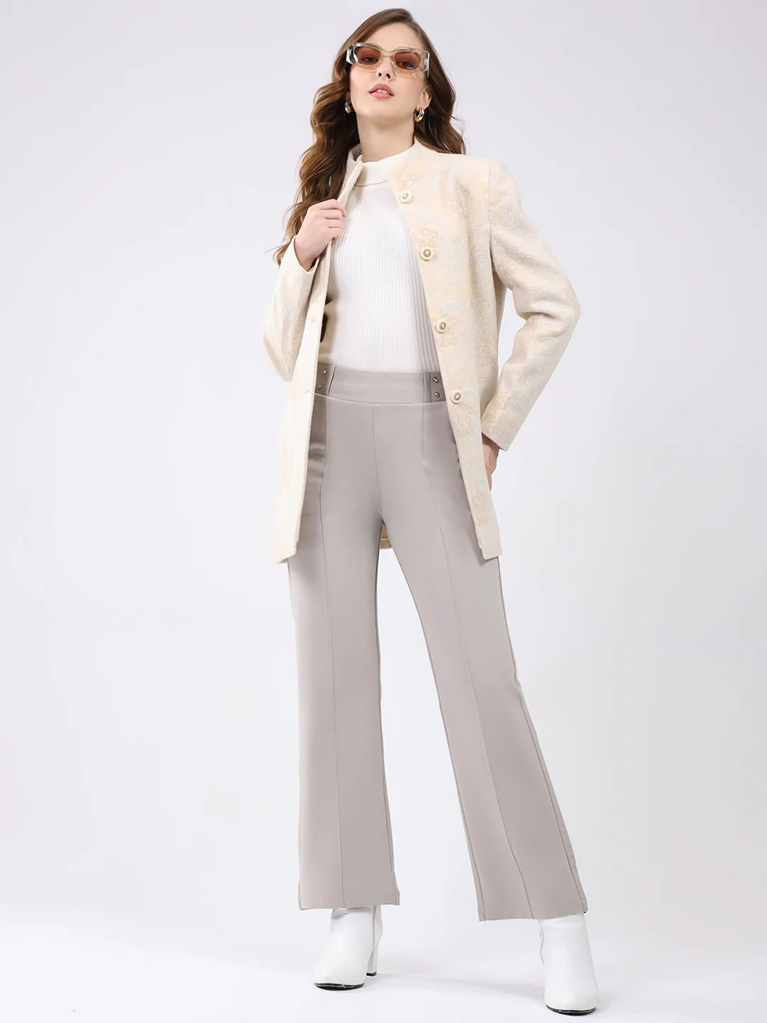 Women Beige Self Design Band Neck Full Sleeve Coat - Image 2
