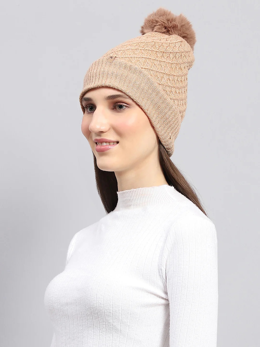 Women Beige Self Design Cap - Image 3
