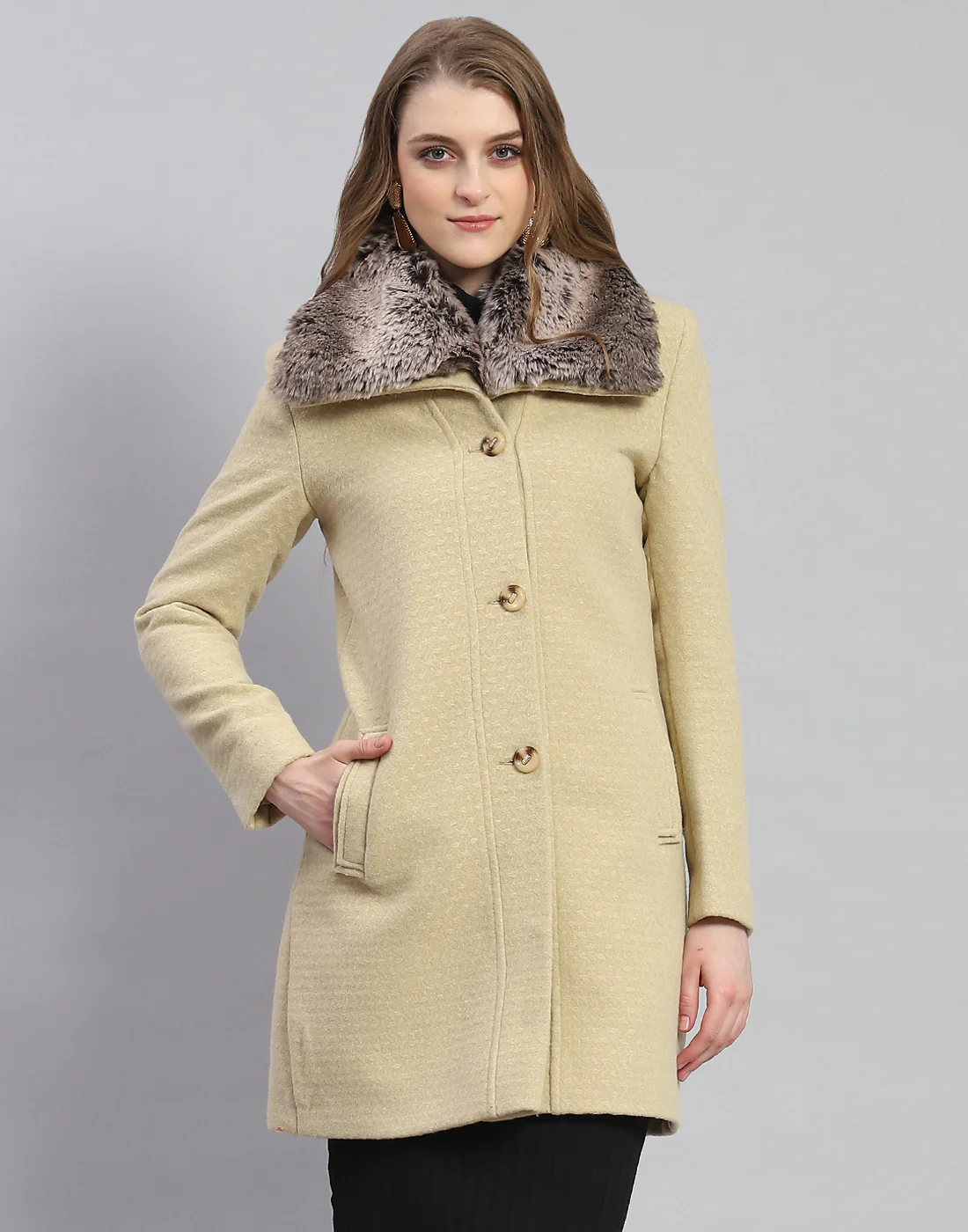 Women Beige Self Design Collar Full Sleeve Coat - Image 2