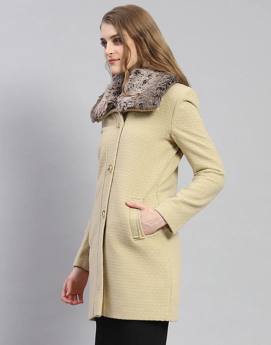 Women Beige Self Design Collar Full Sleeve Coat - Image 3